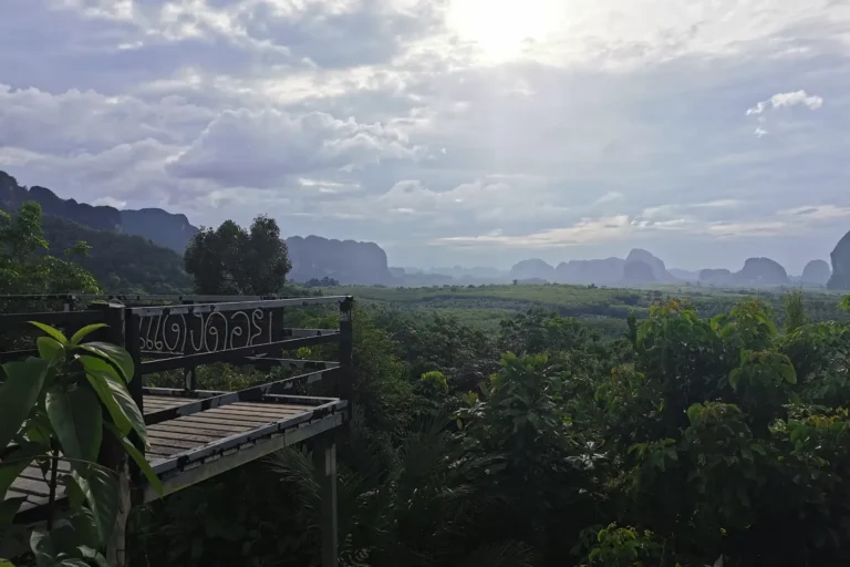Panorama depuis le belvédère de Din Daeng Doi au lever du soleil, vue sur la jungle luxuriante et les montagnes karstiques de Krabi.