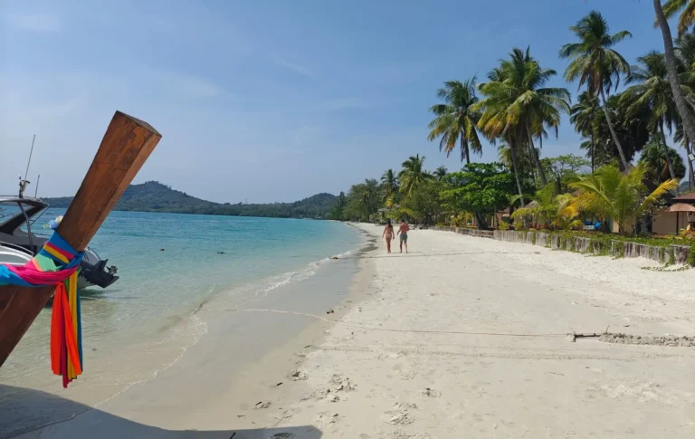 Plage de sable blanc bordée de cocotiers à Sivalai Beach, Koh Mook, dans les îles de Trang