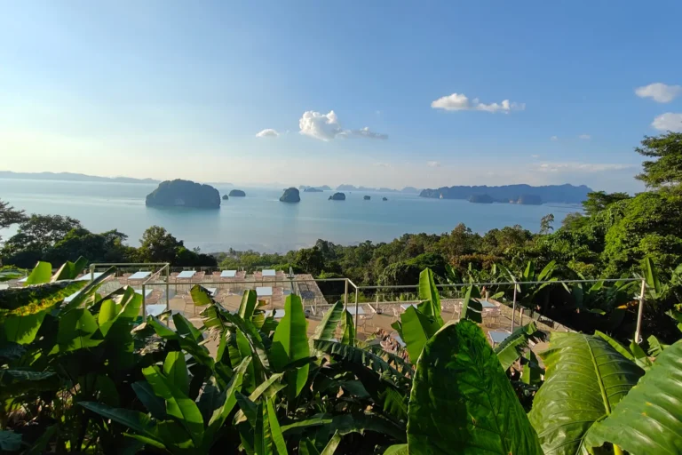 Panorama spectaculaire depuis le café Khaotong Hill au coucher du soleil, dominant les îles de la baie de Phang Nga et Ao Thalane.