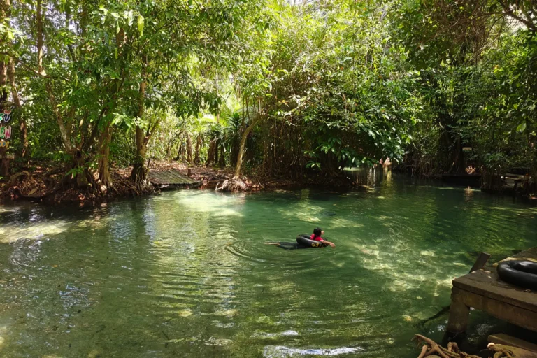 Eaux émeraude de la piscine naturelle de Sa Keow à Ao Thalane, un trésor caché entouré d'une végétation tropicale dense.