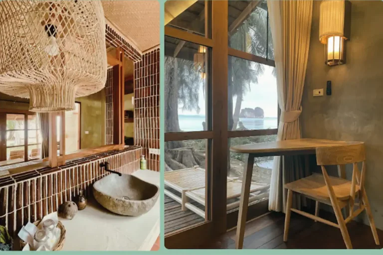 Essence du Sud 32 Salle de bain intérieure avec vasque en pierre naturelle et luminaire en osier, vue depuis la chambre sur la terrasse en bois et la mer de Koh Ngai au Coco Cottage