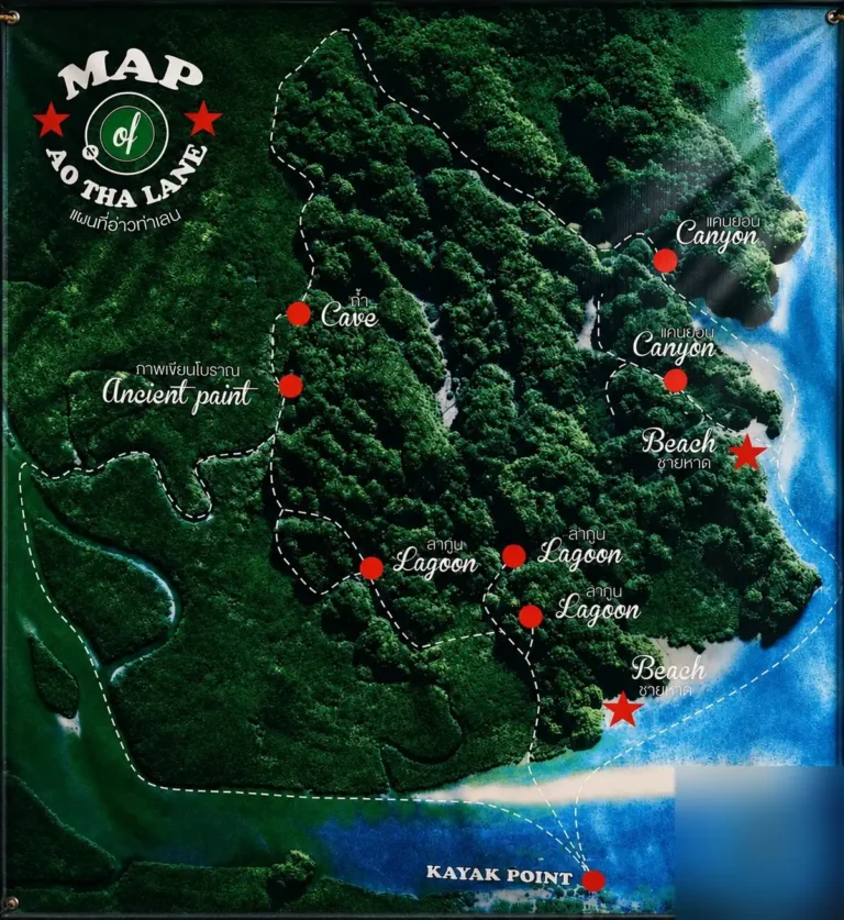 Carte illustrée du parcours kayak à Ao Thalane : grotte, peintures rupestres, canyon, lagunes et plages près de Krabi