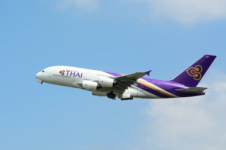 Avion long-courrier de la compagnie Thai Airways en vol, aux couleurs violettes et dorées